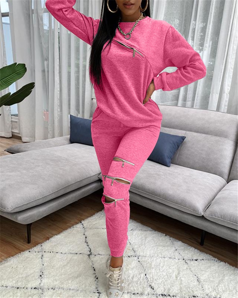 Casual Personality Zipper Solid Color Sweater Suit