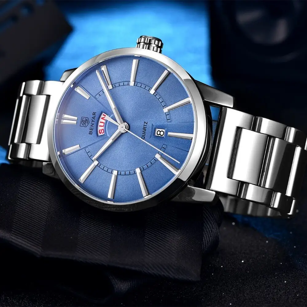 Binya Fashion Calendar Waterproof Steel Band Men's Watch