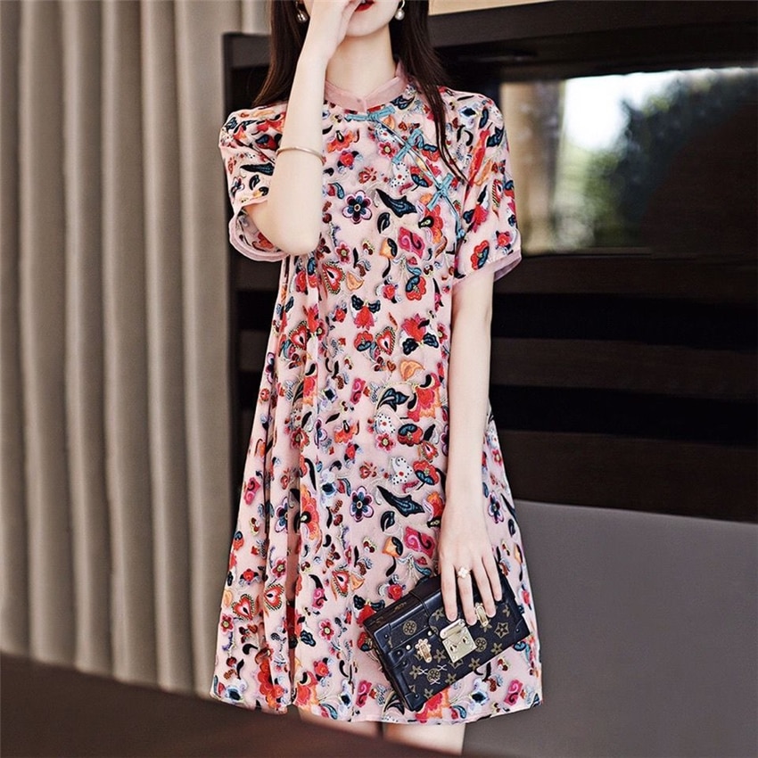 Printed Thin Improved Cheongsam Chiffon Dress For Women