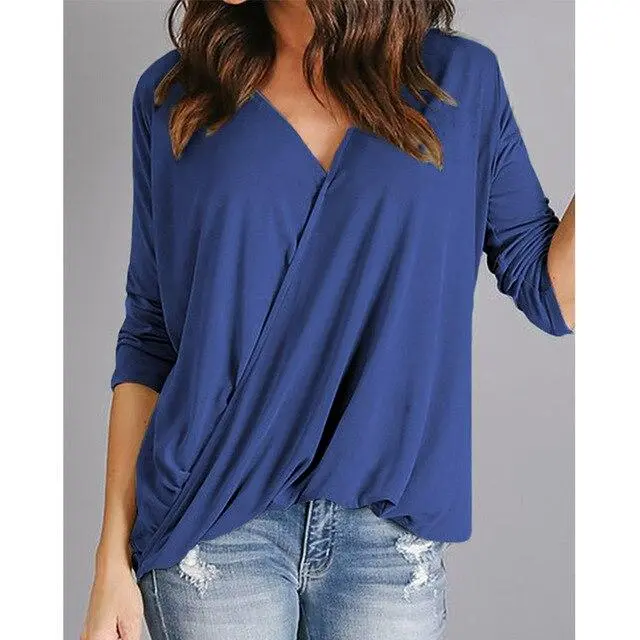 Women's Solid Color V neck Pleated Three quarter Sleeves Blue - Shop at LoveMi