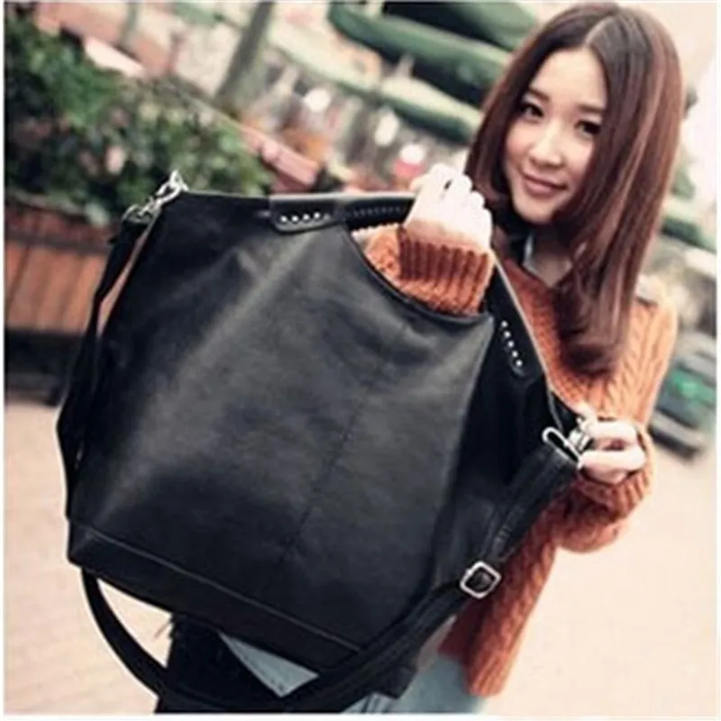 Fashion New Hot Black Women handbag Pu Rivet Package Large Tote - Black