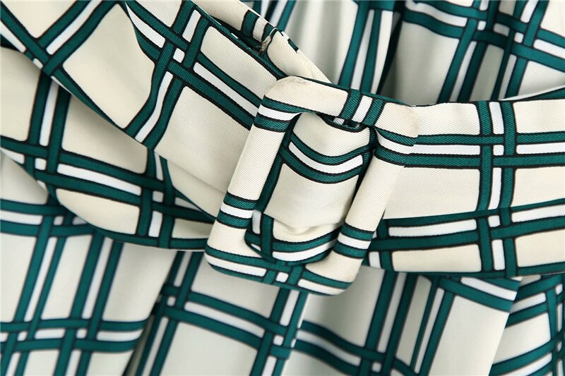 French Retro V-Neck Dress Green Plaid Vintage Mid Length Dress