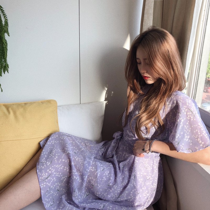 Vintage Romantic V-neck Lace Floral Chiffon Dress