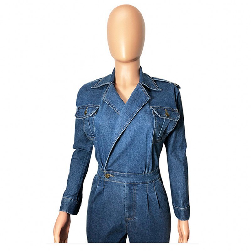 Deep V Sexy Wash Denim Women's Jumpsuit