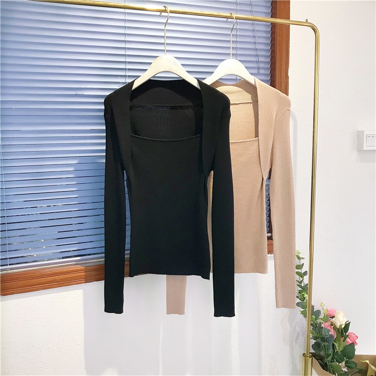 Hanging Shoulder Long Sleeve Slim Knit With Top