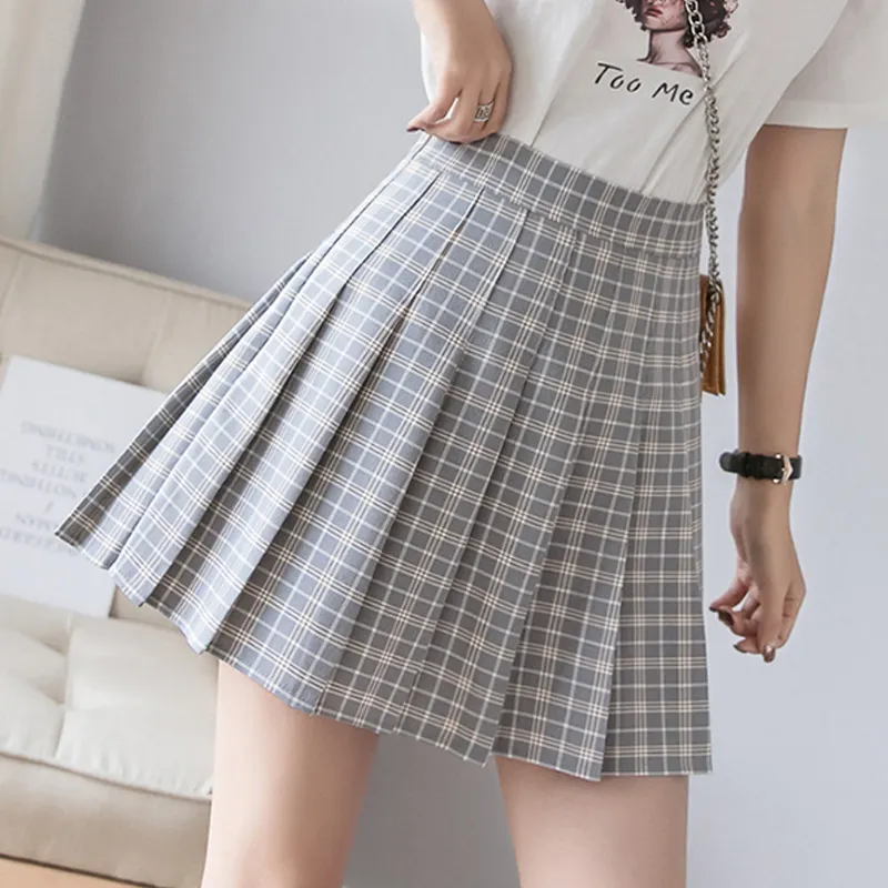 British High Waisted Slim Plaid Pleated Skirt For Women - Grey