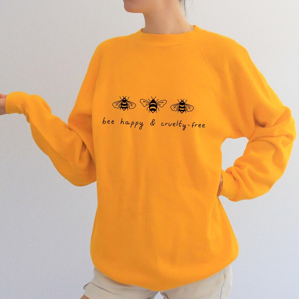 Bee Happy And Cruelty Free Bees Printed Women's Sweatshirts Be Happy Casual O-Neck Long Sleeve Tops Bees Lover Tops