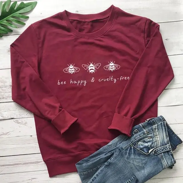 Bee Happy And Cruelty Free Bees Printed Women's Sweatshirts Be Happy Casual O Neck Long Sleeve Tops Bees Lover Tops Red Wine - Shop at LoveMi