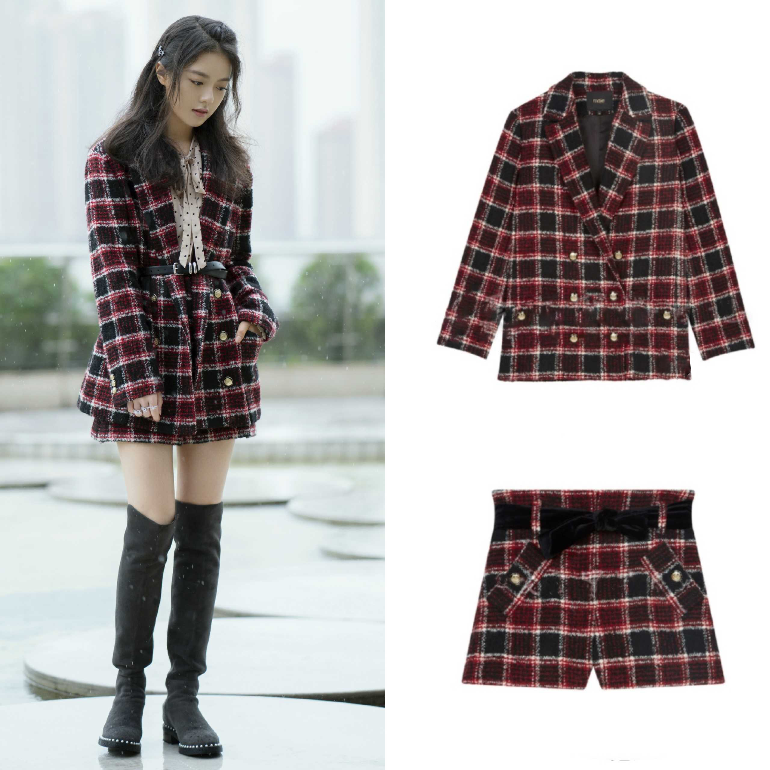 Tweed Plaid Jacket High-Waisted Shorts Two-Piece Suit For Women