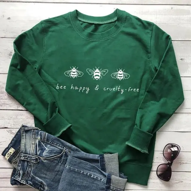 Bee Happy And Cruelty Free Bees Printed Women's Sweatshirts Be Happy Casual O Neck Long Sleeve Tops Bees Lover Tops Green - Shop at LoveMi
