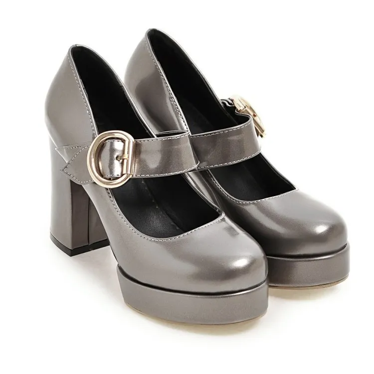 Women's Small Size Thick High-heeled Shoes With Buckle - Gray