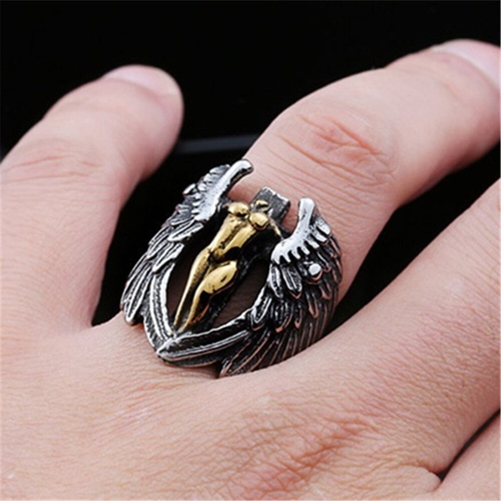 Men's Vintage Winged Angel Cross Ring In Titanium Steel