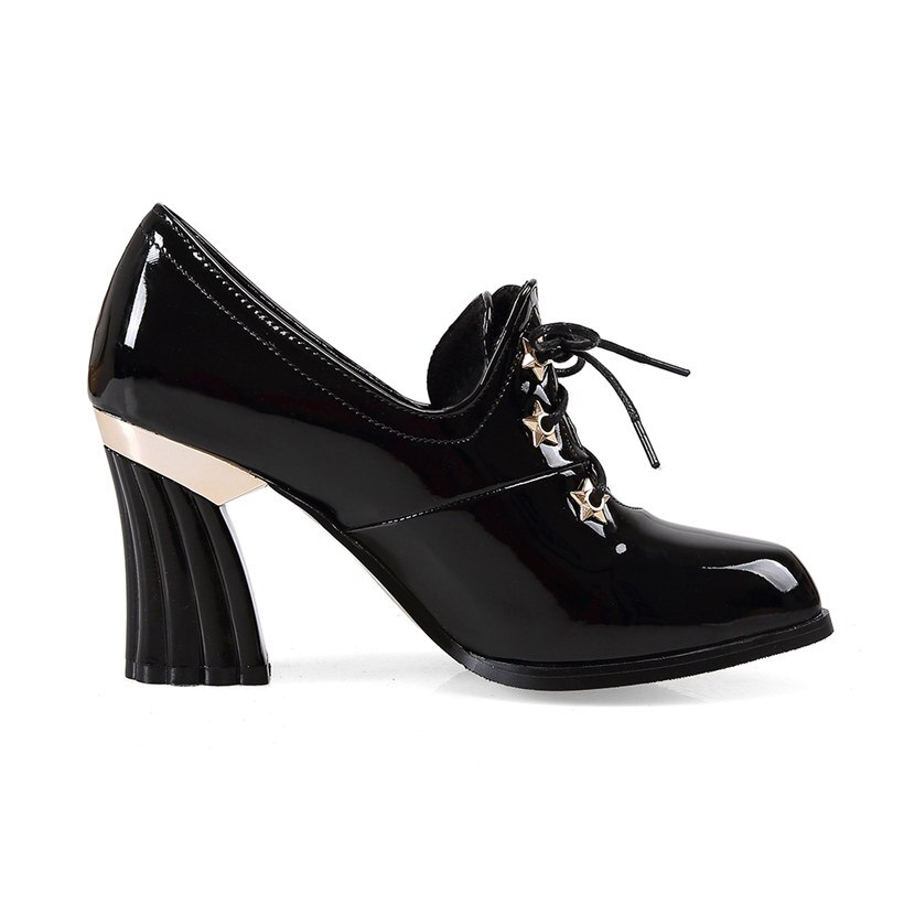 Vintage Women Pumps Red Patent Leather High Block Heel