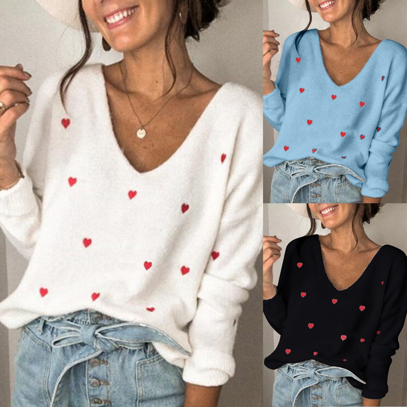 Heart Printed Pullovers Long Sleeve V Neck Sweater Tops