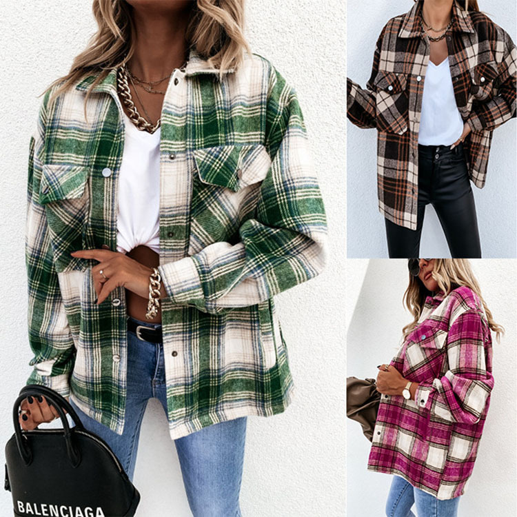Autumn and Winter Loose Casual Retro Plaid Long-sleeved Shirt Women