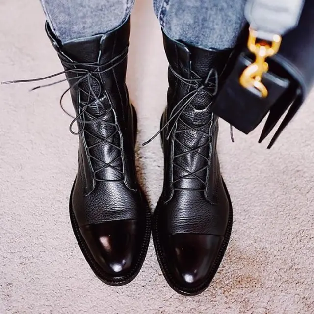 Lace Up Flat British Style Large Size Mid Boots Black - Shop at LoveMi