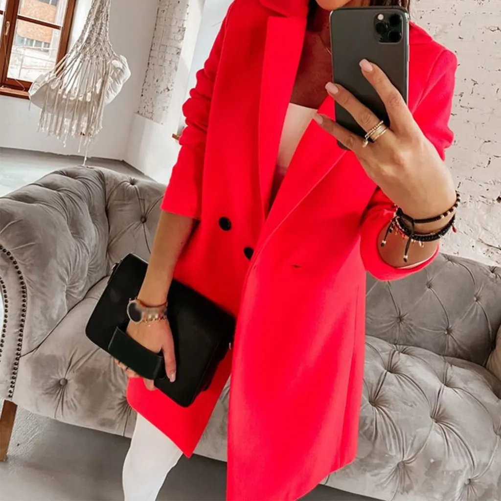 Ladies Suit Collar Long Sleeve Button Coat - Red