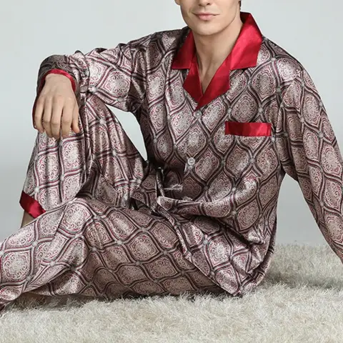 Men's Printed Silk Pajamas Spring and Summer Long-Sleeved Suit