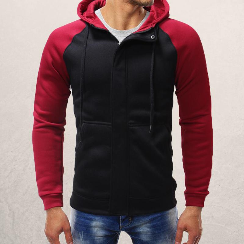 Men's Color Matching Casual Slim Zipper Cardigan Hooded Sweater