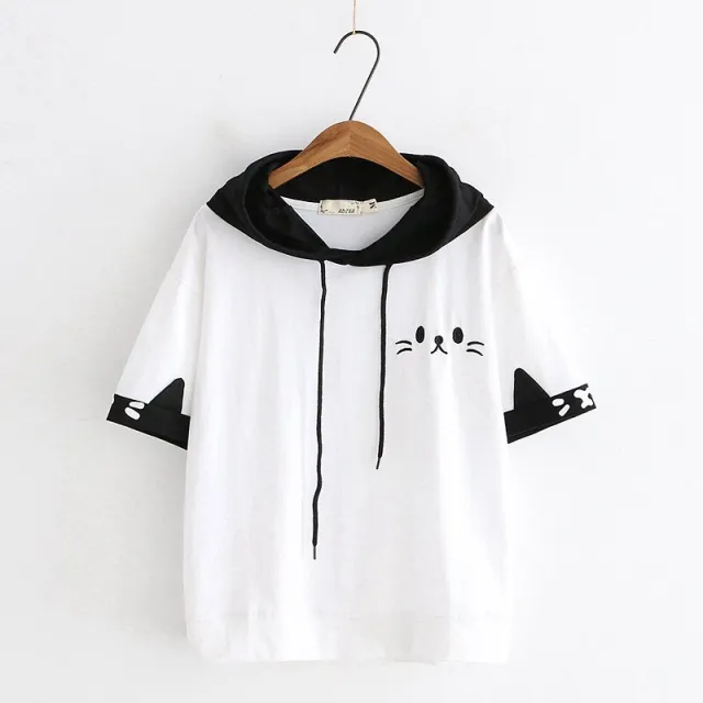 Japanese College Style Cat Beard Embroidery Short Sleeves White - Shop at LoveMi