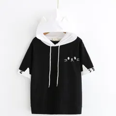 Japanese College Style Cat Beard Embroidery Short Sleeves - Black - View 1