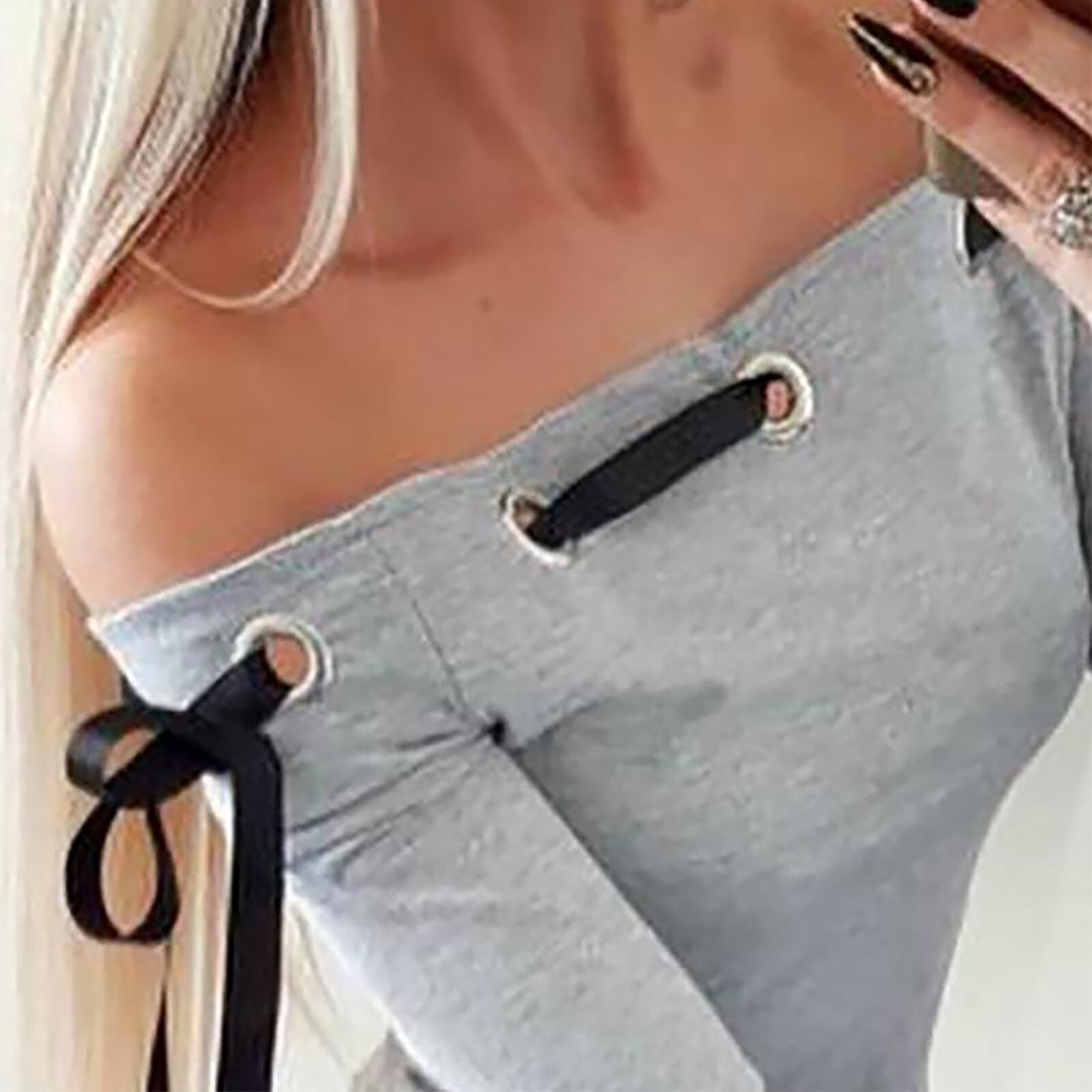 Women's Fashion One Neck Sexy Bow Solid Color Long Sleeve Top