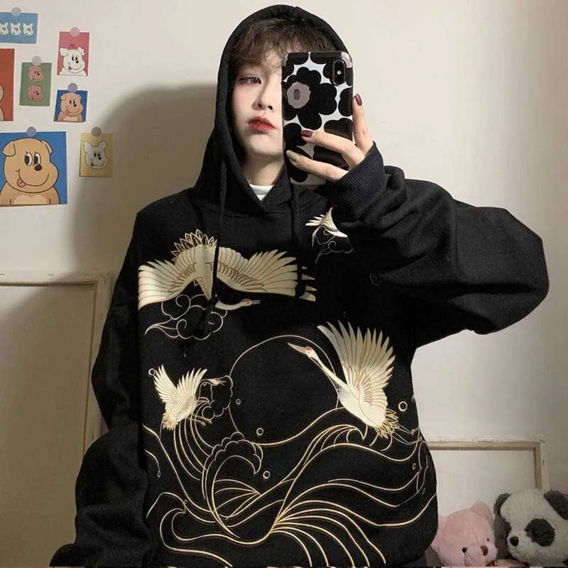 Retro Crane Print Loose Hooded Plus Velvet Sweater Women Plus Size Coat - Black