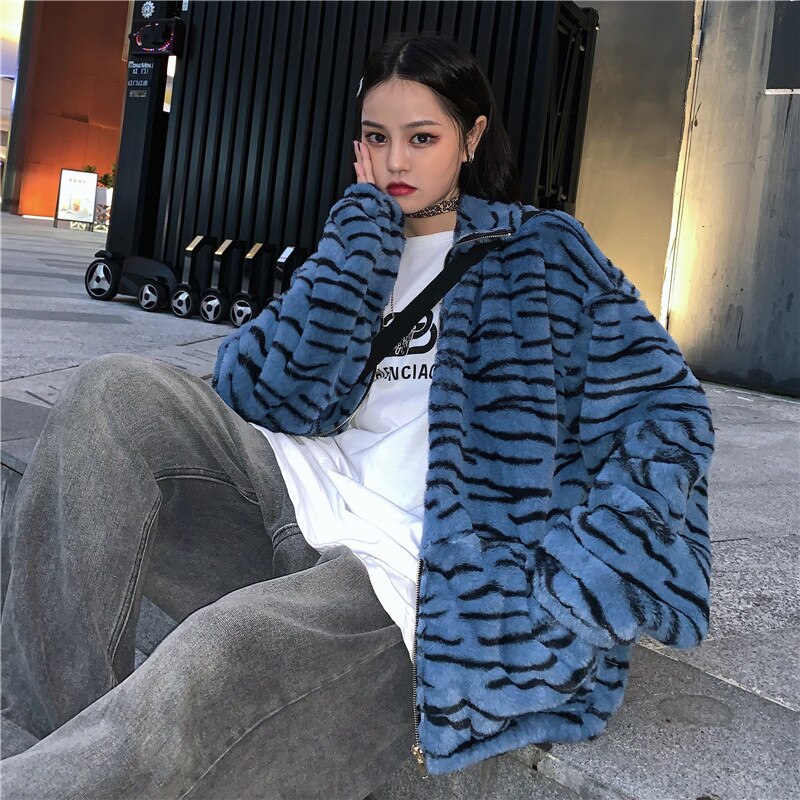 Zebra And Tiger Pattern Stand Up Collar Plush Loose Sweater Zebra - Shop at LoveMi
