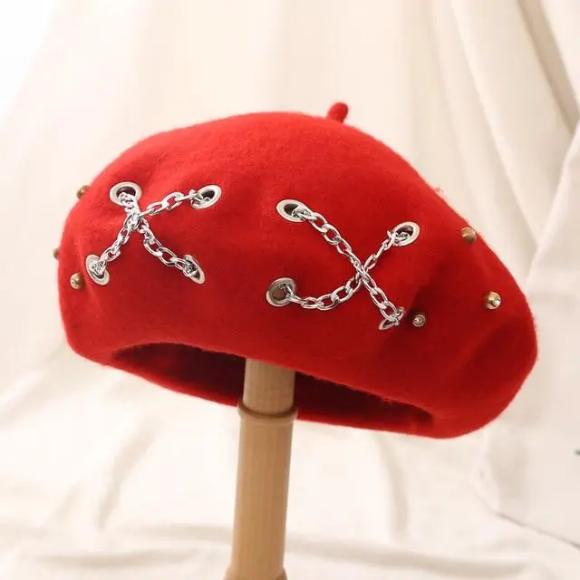 Cross Chain Beret Women Autumn and Winter Wool Rivet Hat British Retro Beret Hat Red - Shop at LoveMi