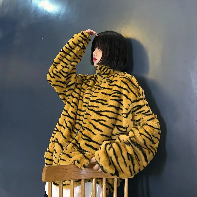 Zebra And Tiger Pattern Stand-Up Collar Plush Loose Sweater - Tan