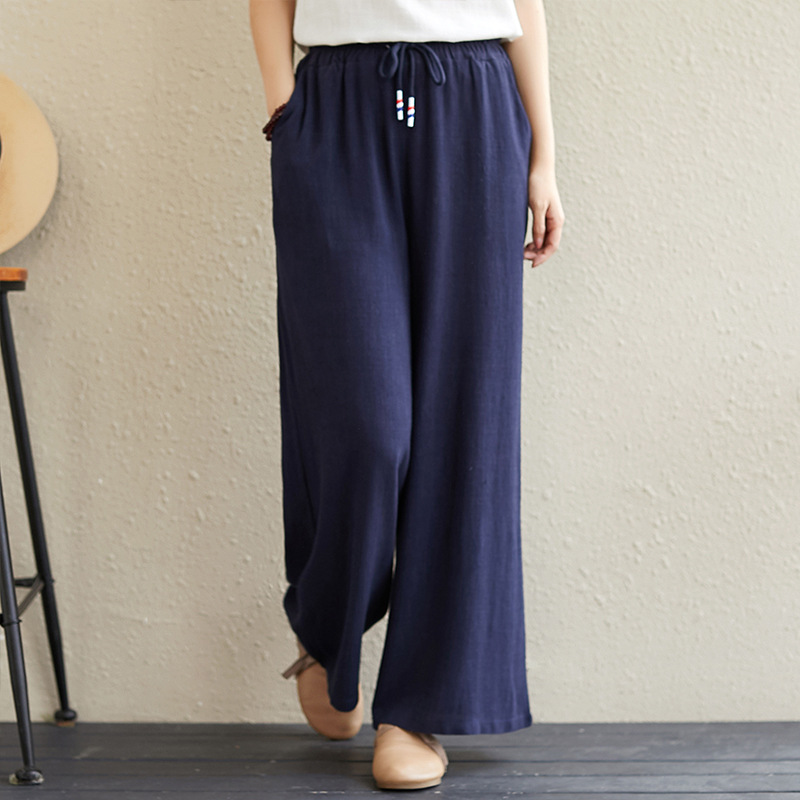 Hemp Rope Elastic Waist Wide leg Trousers Navy - Shop at LoveMi