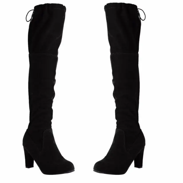 Thick Heeled Suede Over The Knee Boots High Heels Black - Shop at LoveMi