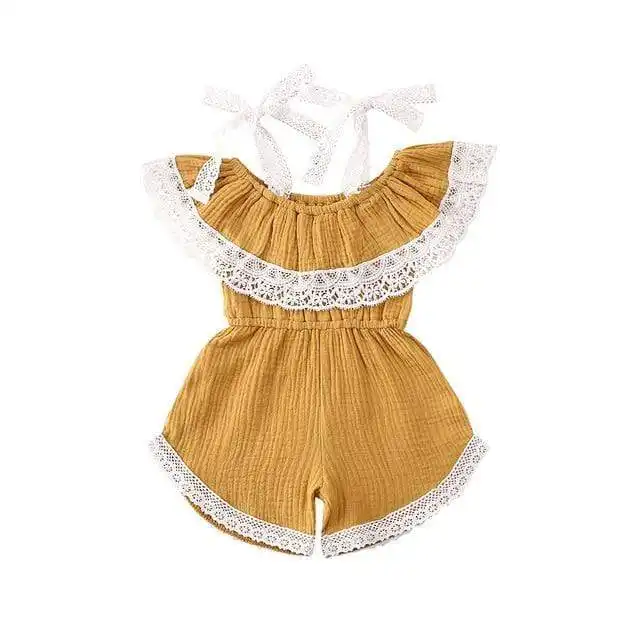 Girls' Sling Jumpsuit Ins Solid Color Lace One-shoulder Jumpsuit