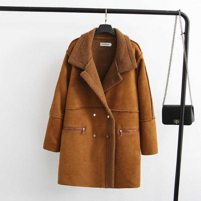 Women's Winter Wear Lapel Padded Warm Lamb Wool Coat Mid Length Suede Coat Coat Khaki - Shop at LoveMi