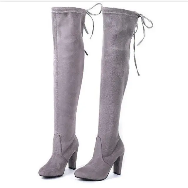 Thick Heeled Suede Over The Knee Boots High Heels Grey - Shop at LoveMi