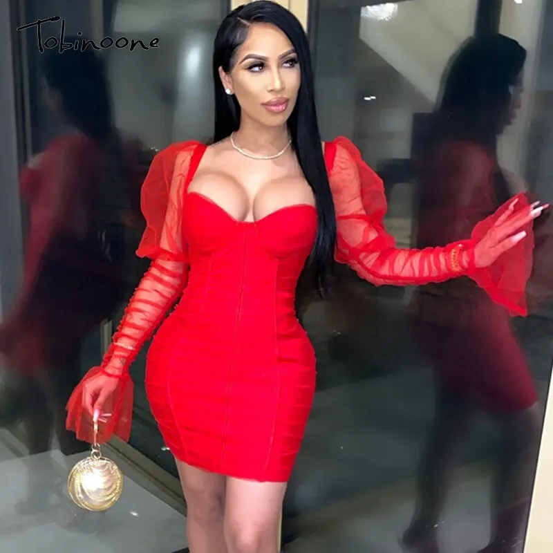 Bag Hip Dress Mesh Sleeves Red Green Skirt - Red