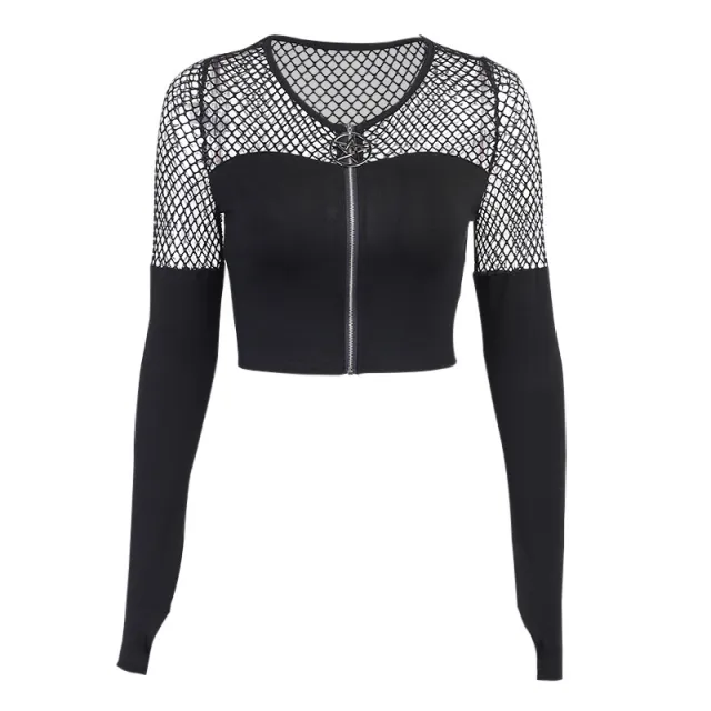 Gothic Sexy Stitching Zipper Cardigan Base Shirt Black - Shop at LoveMi