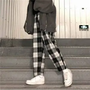Loose Retro Contrasting Plaid Straight leg Pants Black Plaid - Shop at LoveMi
