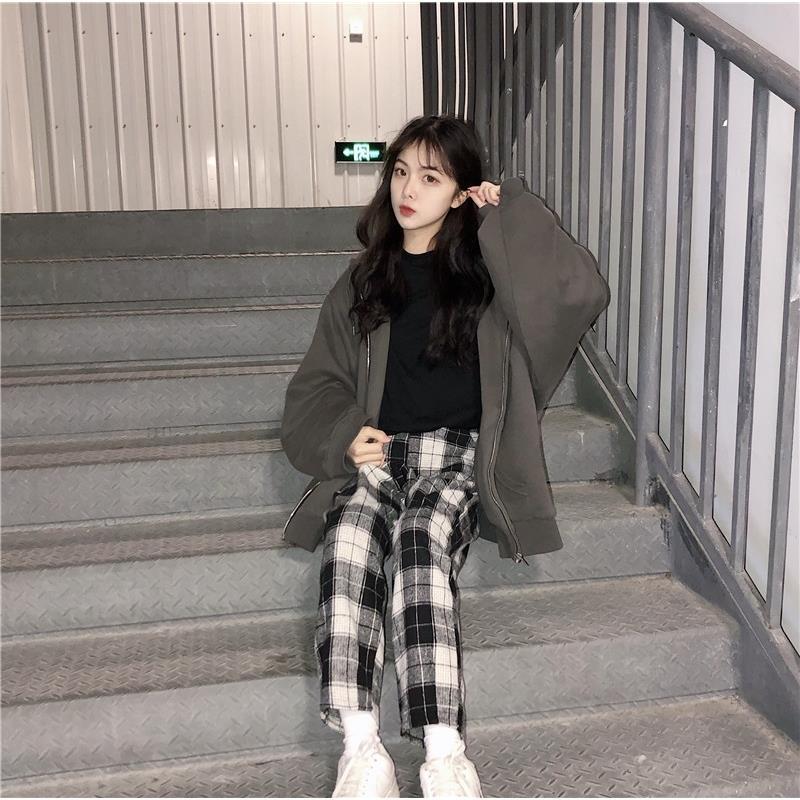Loose Retro Contrasting Plaid Straight-leg Pants
