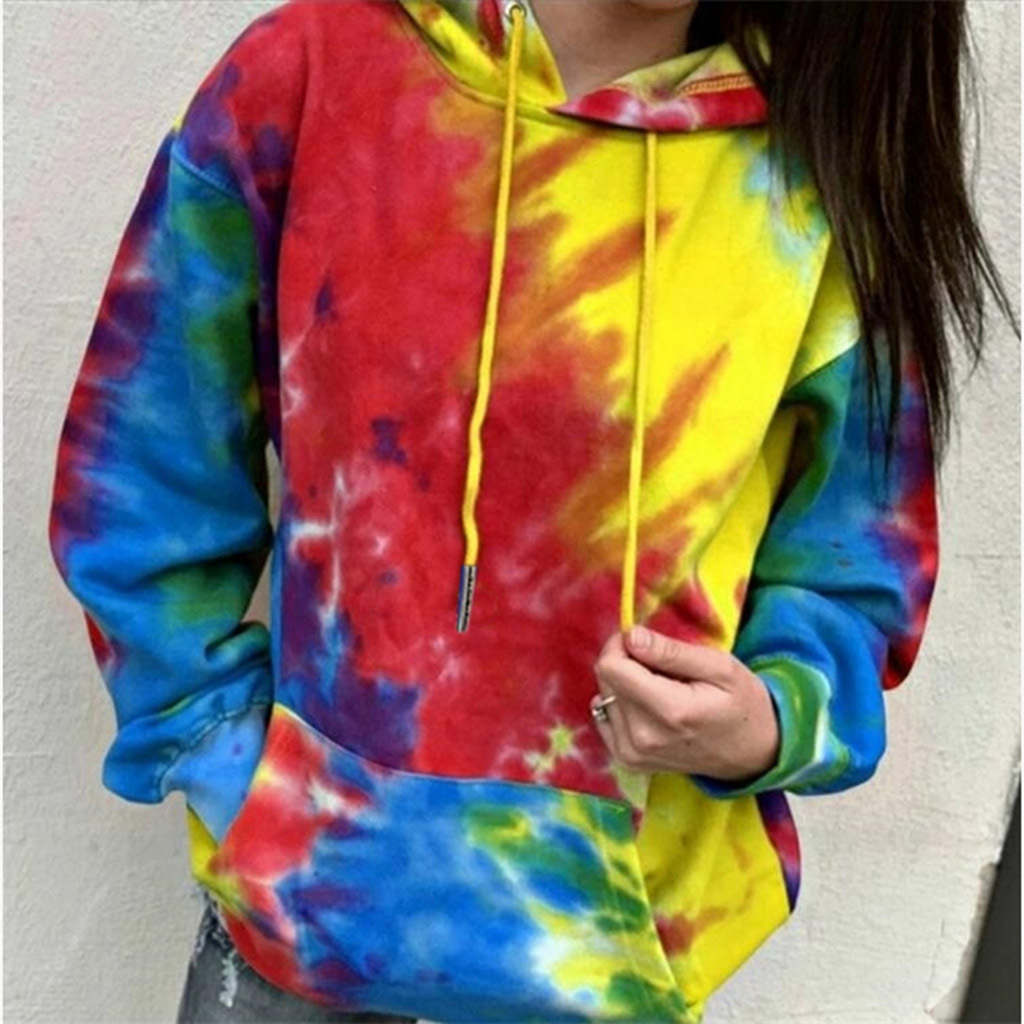 Spot European and American cross-border tie-dyed printing gradient color hooded long sleeve loose large size sweater top for women