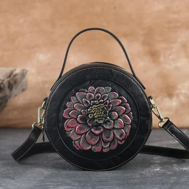 Vintage Embossed Small Round Bag, Shoulder Messenger Bag, Zipper Large capacity Handbag Black - Shop at LoveMi