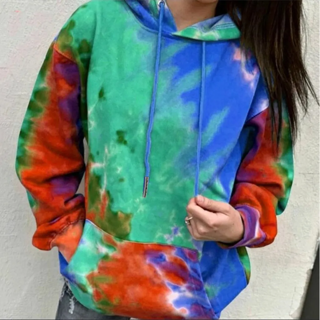 Spot European and American cross-border tie-dyed printing gradient color hooded long sleeve loose large size sweater top for women - Blue