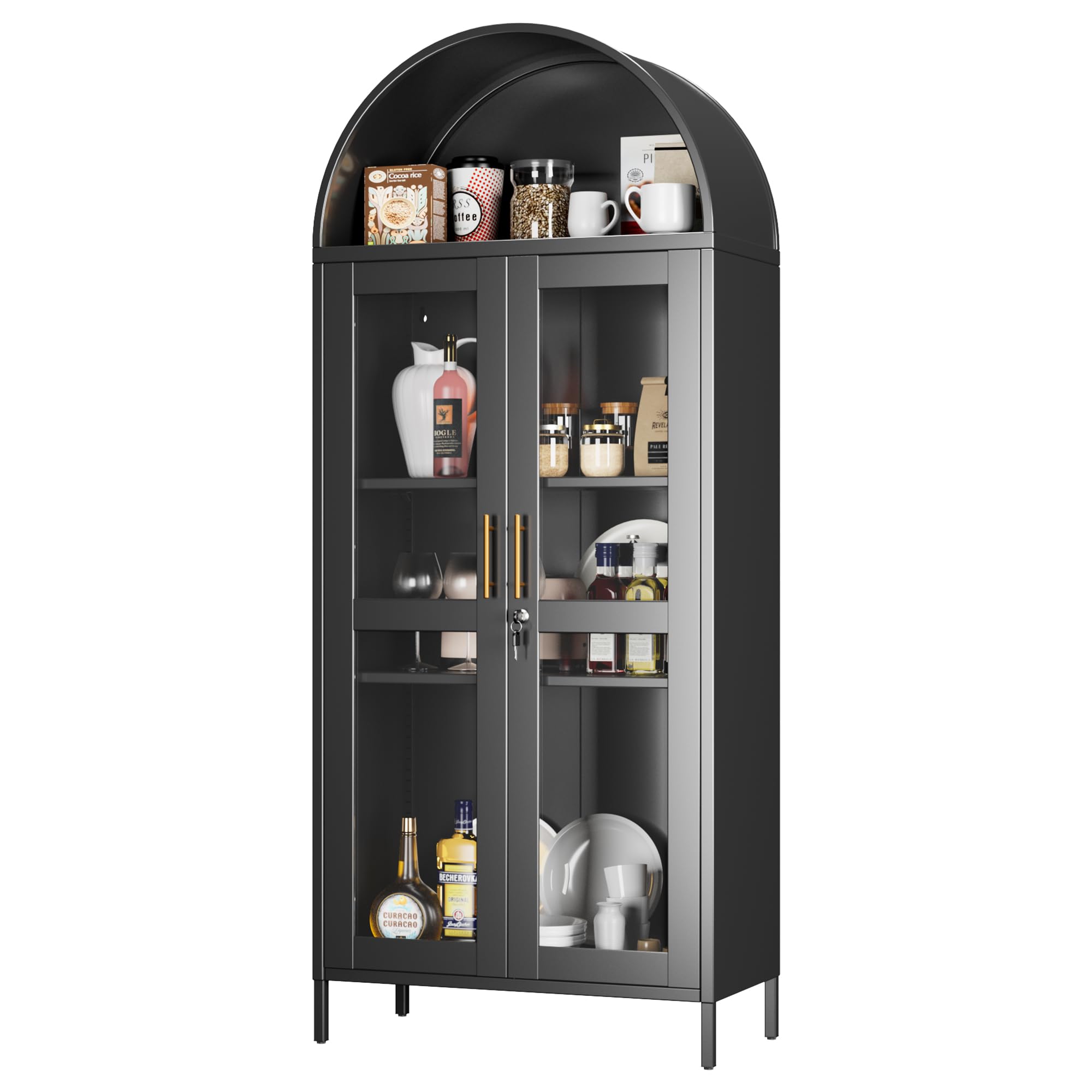 Metal Arched Cabinet With Lock, Arch Display Bookcase With Glass Doors Shelves, Modern Freestanding Kitchen Pantry Storage Cabinet For Dining Room, Home, Office, Assembly Required Black
