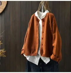 Women's Knitted Cardigan Coat Retro Loose Casual Sweater - Caramel-Xs - View 1