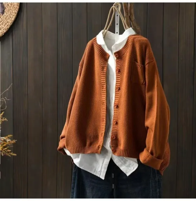 Women's Knitted Cardigan Coat Retro Loose Casual Sweater Caramel Xs - Shop at LoveMi