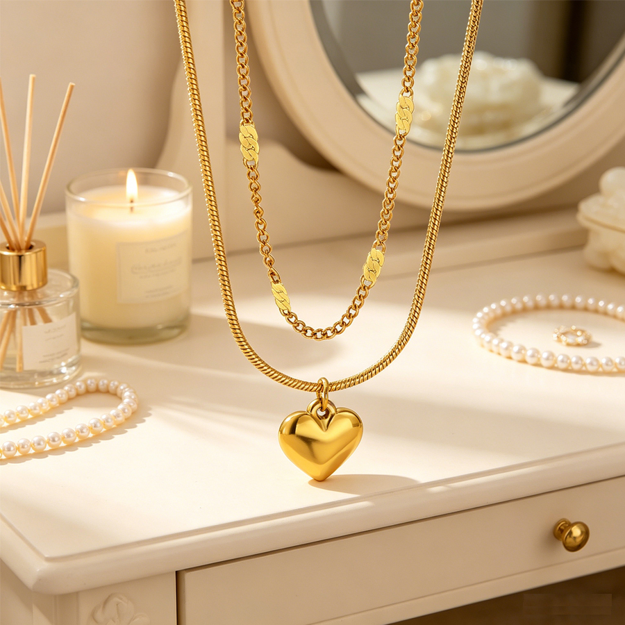 Collier Double Couche Cœur 3D Acier Inoxydable — Doré 5
