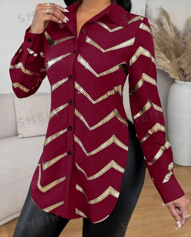 Lyxana Open Placket Foil Print Random Cut Shoulder Long Sleeve Cinched Waist Blouse Women Shirt Burgundy - Shop at LoveMi