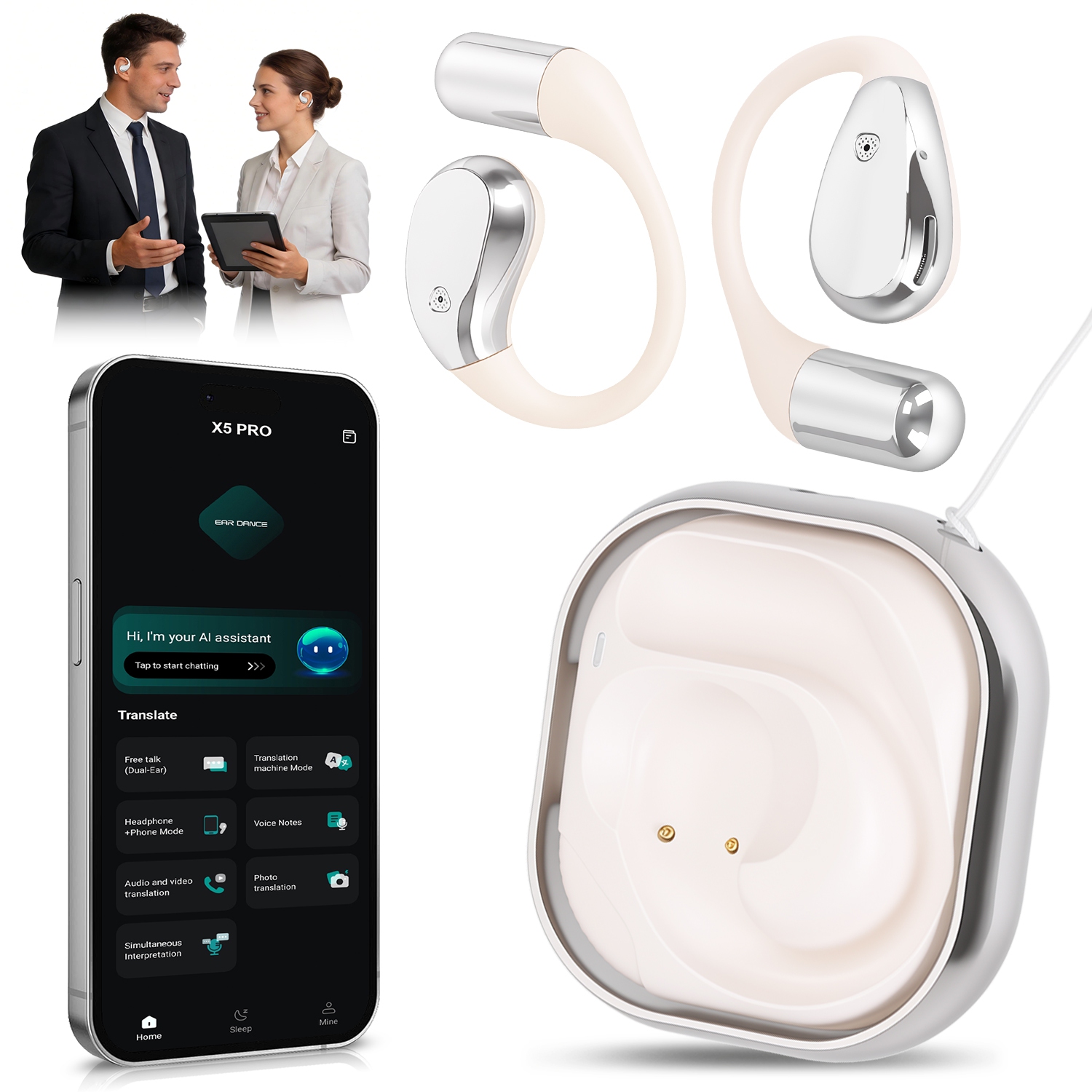 Open-Ear AI Translation Earbuds 165 Language Real Time AI Headphone Wireless 6.0 Translating Earbuds With 360 Degree Rotating Charging Case Lanyard For Travel Meetings Language Learning thumbnail 12