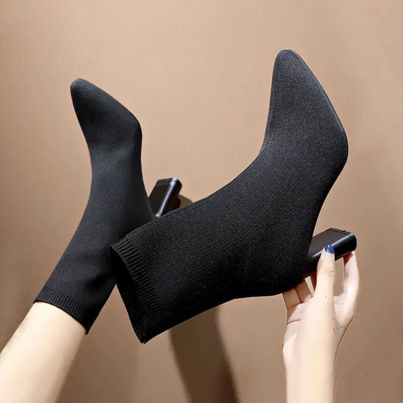 Short Tube Stretch Yarn Pointed High Heels