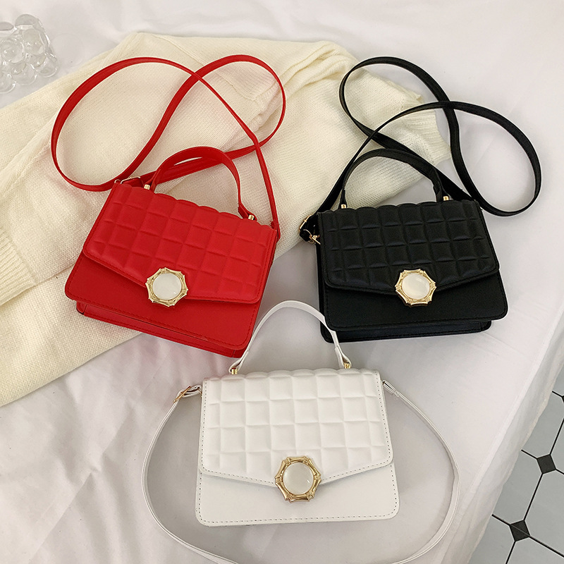 French Minority Crossbody High-grade Embossed Square Plaid Pearl Magnetic Snap Small Square Bag